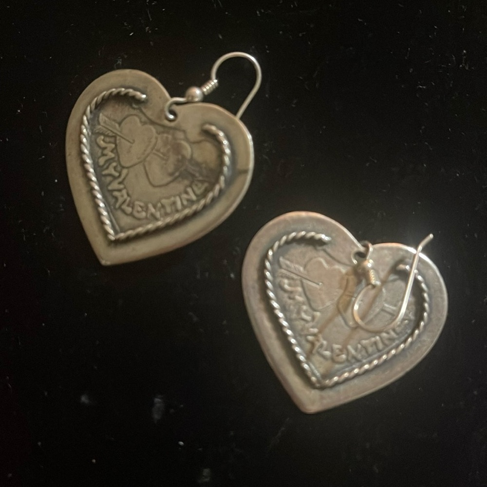 Vtg T. Foree “My Valentines” Heart Sterling Dangle Earrings
